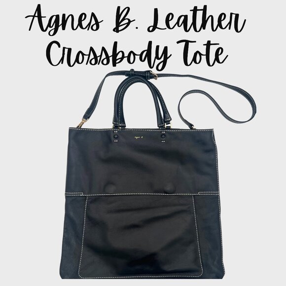Agnes B. Black Leather Crossbody Tote Bag with Contrast Stitching - Picture 1 of 9